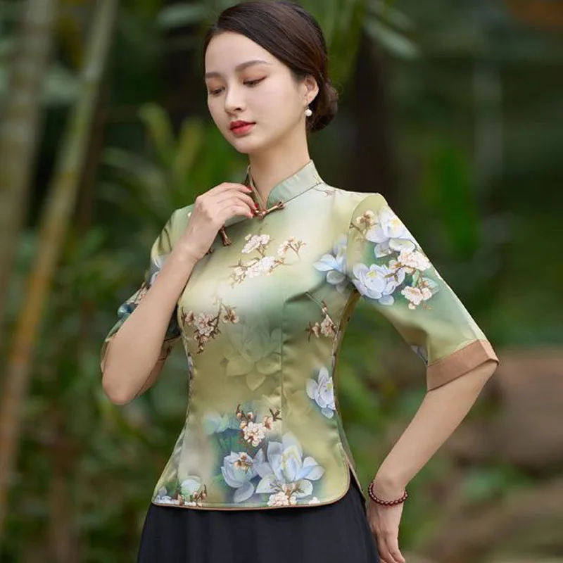 Cheongsam kadın artı boyutu üstleri 2024 yeni moda Polyester kumaş baskılar ekleme standı yaka çin tarzı Qipao gömlek kadın