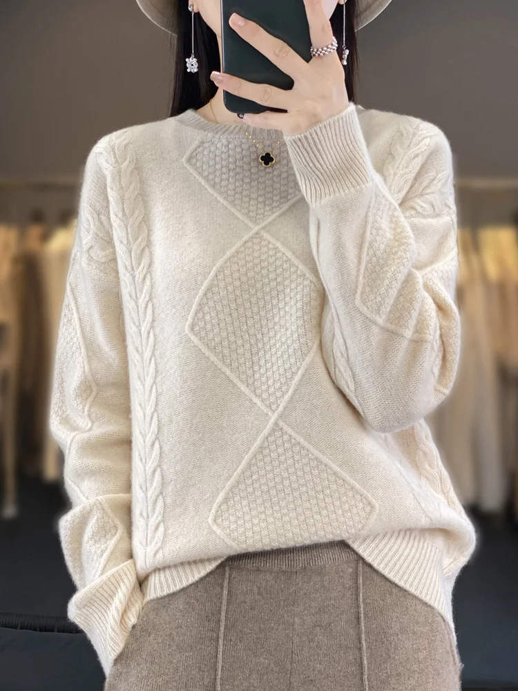 

High Quality 100% Merino Wool Sweater O-Neck Argyle Knitwear Autumn Winter Women Pullover Classic Striped Cashmere Clothing Tops