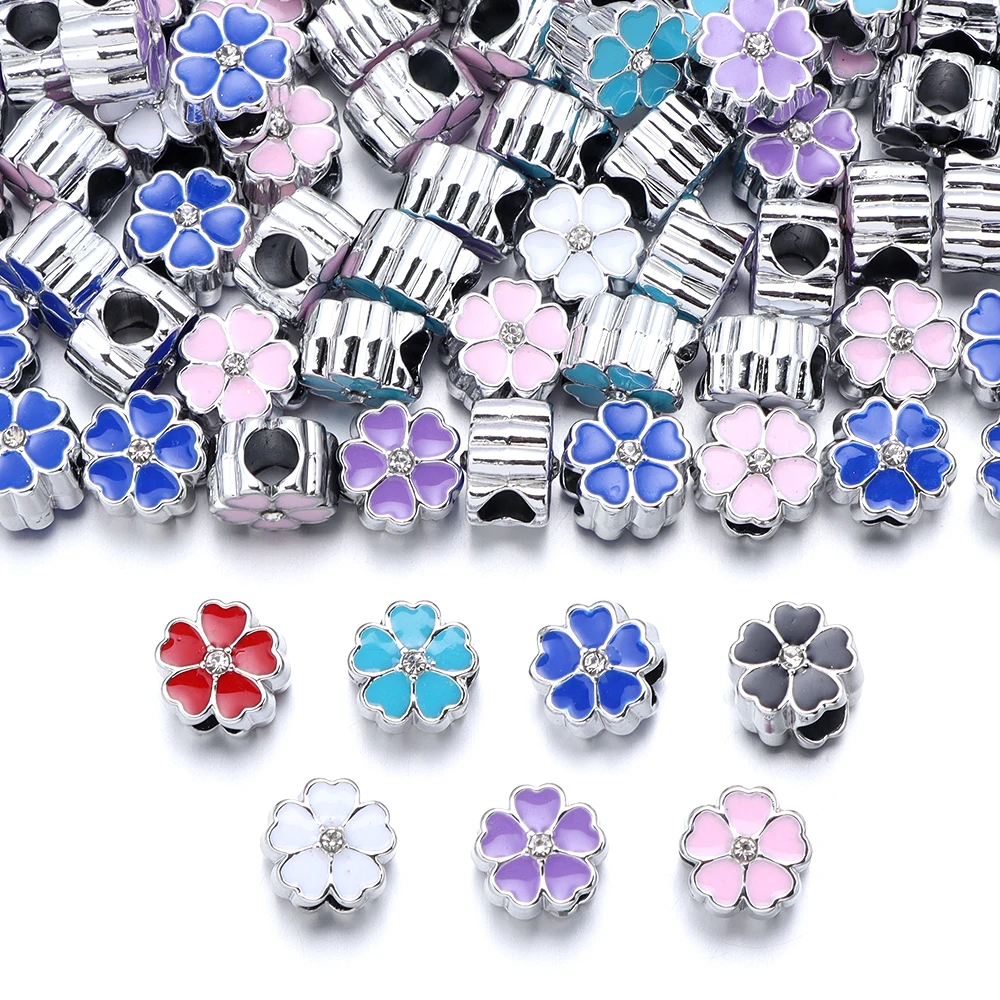 5-10pcs/lot Alloy Big Hole Beads Lucky Four Leaf Clover Flower Shape Beads Rhinestone Loose Spacer Beads For DIY Jewelry Making