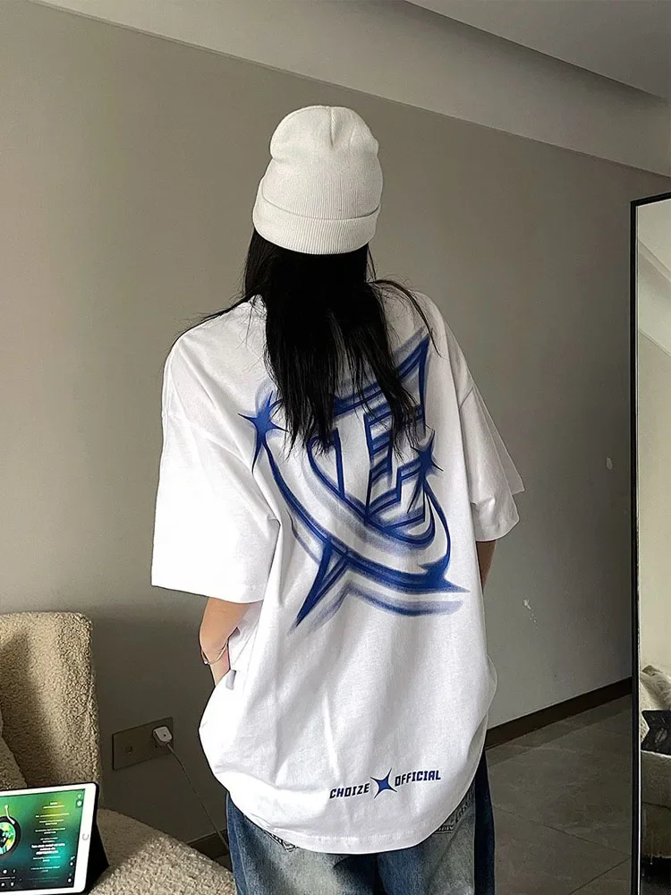 HOUZHOU Oversized Graphic Cotton T-shirts Women Harajuku Hip Hop Style Tees Female Grunge Y2k Korean Streetwear White Black Tops