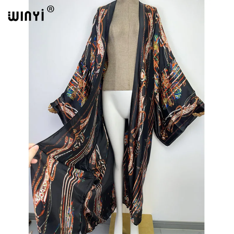 WINYI nowe błyszczące modne drukowanie słodka dama plaża czeski długi kardigan Cover-up stitch Casual Boho Maxi przyjęcie świąteczne kimono