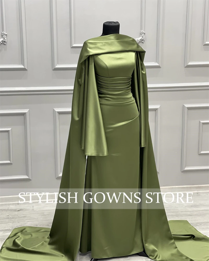 Muslim Green Elegant Evening Dress Woman Long Sleeves Wedding Occasion Gowns Pleats Birthday Party Gown Cape Customized