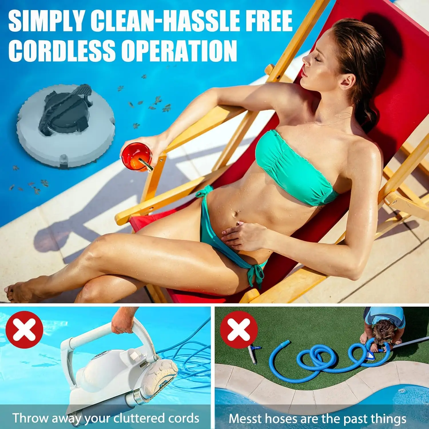 Cordless Pool Vacuum for above Ground Pool, Robotic Pool Cleaner Automatic Pool Vacuum Robot