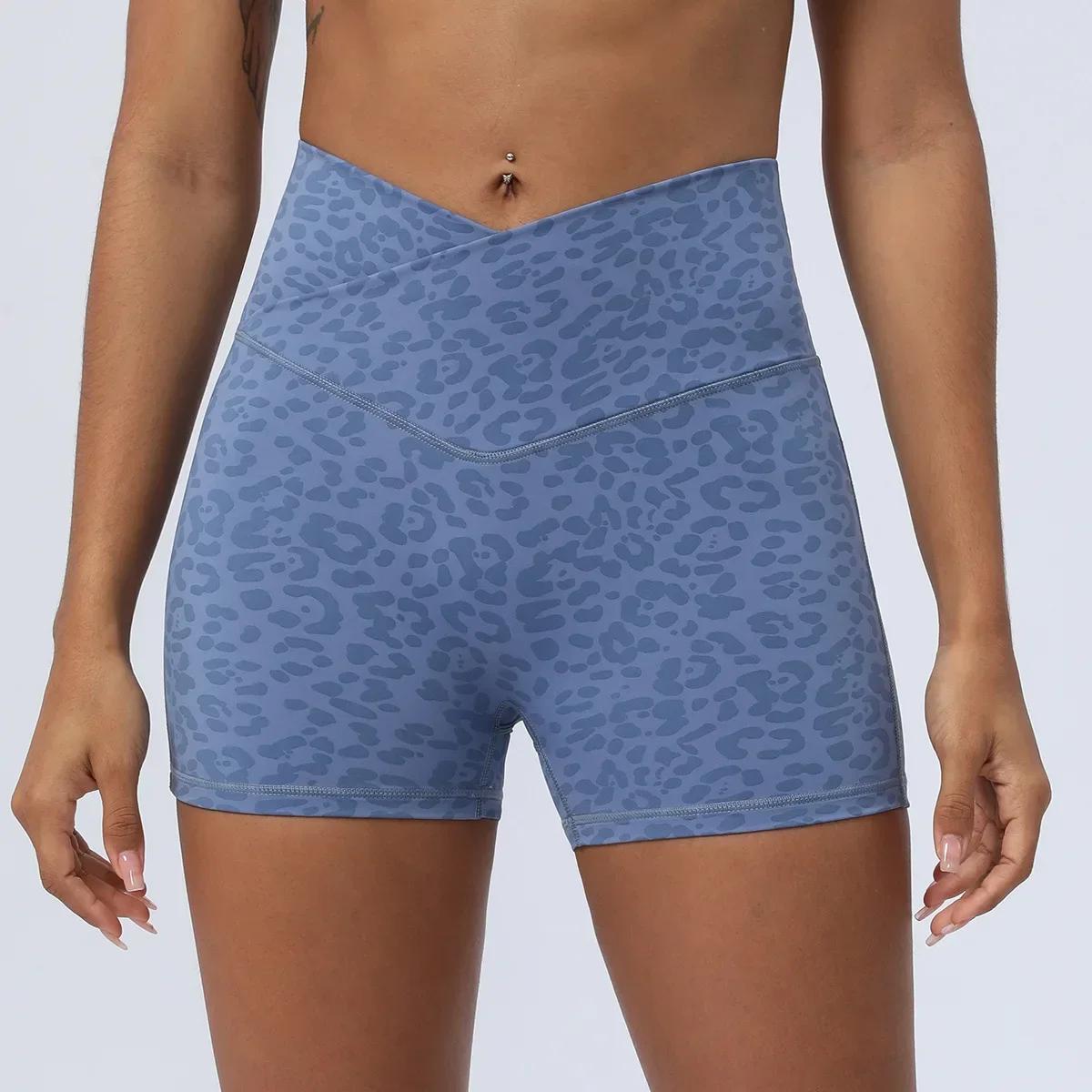 

Leopard Print Yoga Shorts Cross Waist Skinny Hip Lifting Shorts Stretch High Waist Running Quick Dry Breathable Fitness Pants