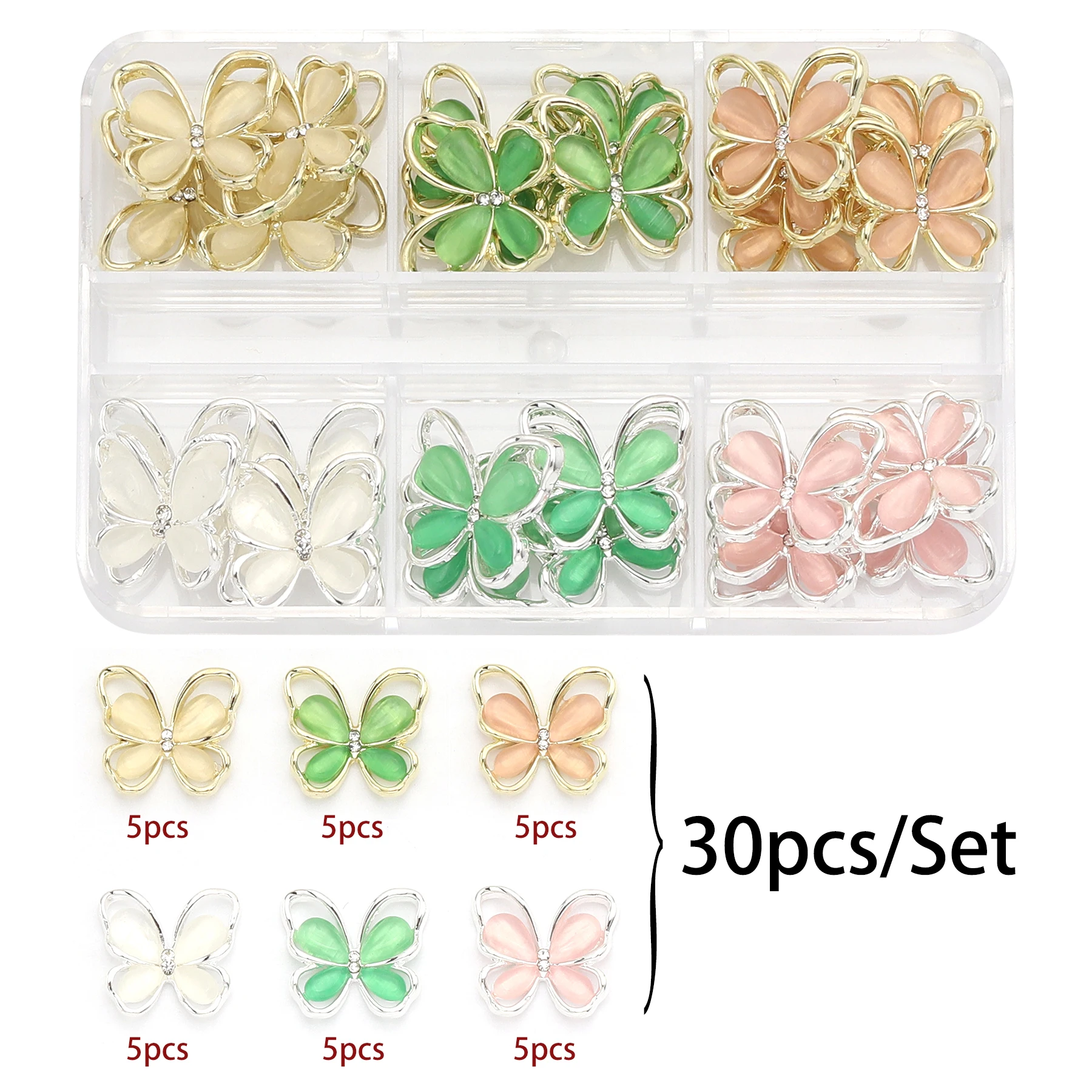 30 Pcs/Set Luxury Metal Cross Butterfly Heart Nail Art Decoration Shining Rhinestone Gemstone Diamond Charm DIY nail accessories