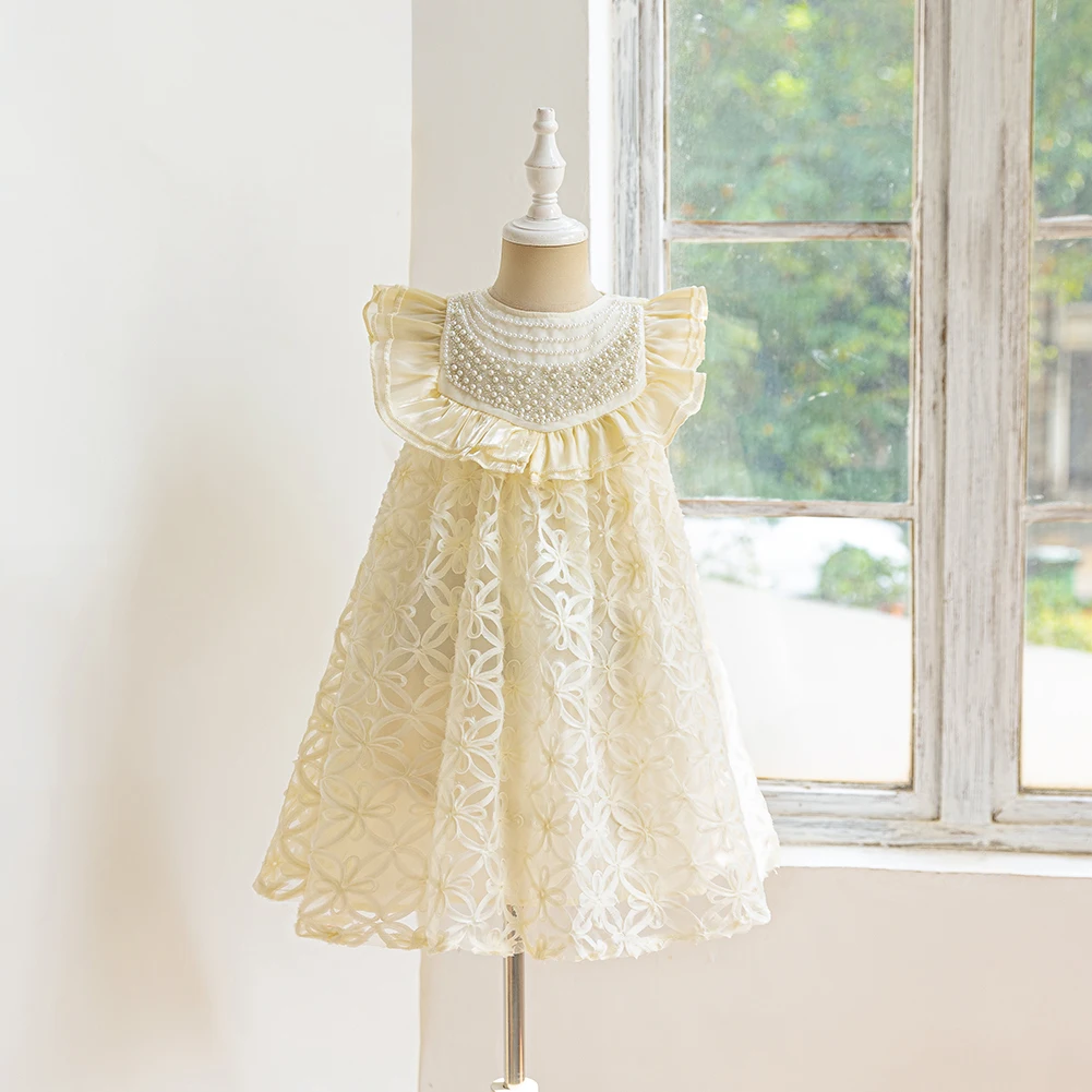 Leisure Girls Summer New Petal Plate Flower Dress Suitable for Little Girls Pearl Decoration Lace Sleeveless Princess Dress