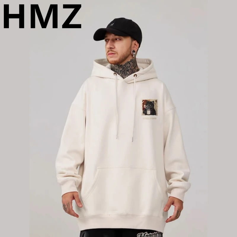 HMZ Coffee Cat Print Hoodie High Street Hip Hop Loose Hoodie Winter Men Casual Street Cartoon Hooded Oversized Sweatshirt Unisex