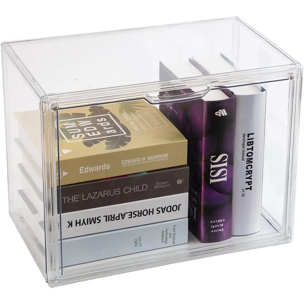 

Stackable Clear Plastic Book Organizer with Magnetic Door, Display Case for Books, Toys, and More