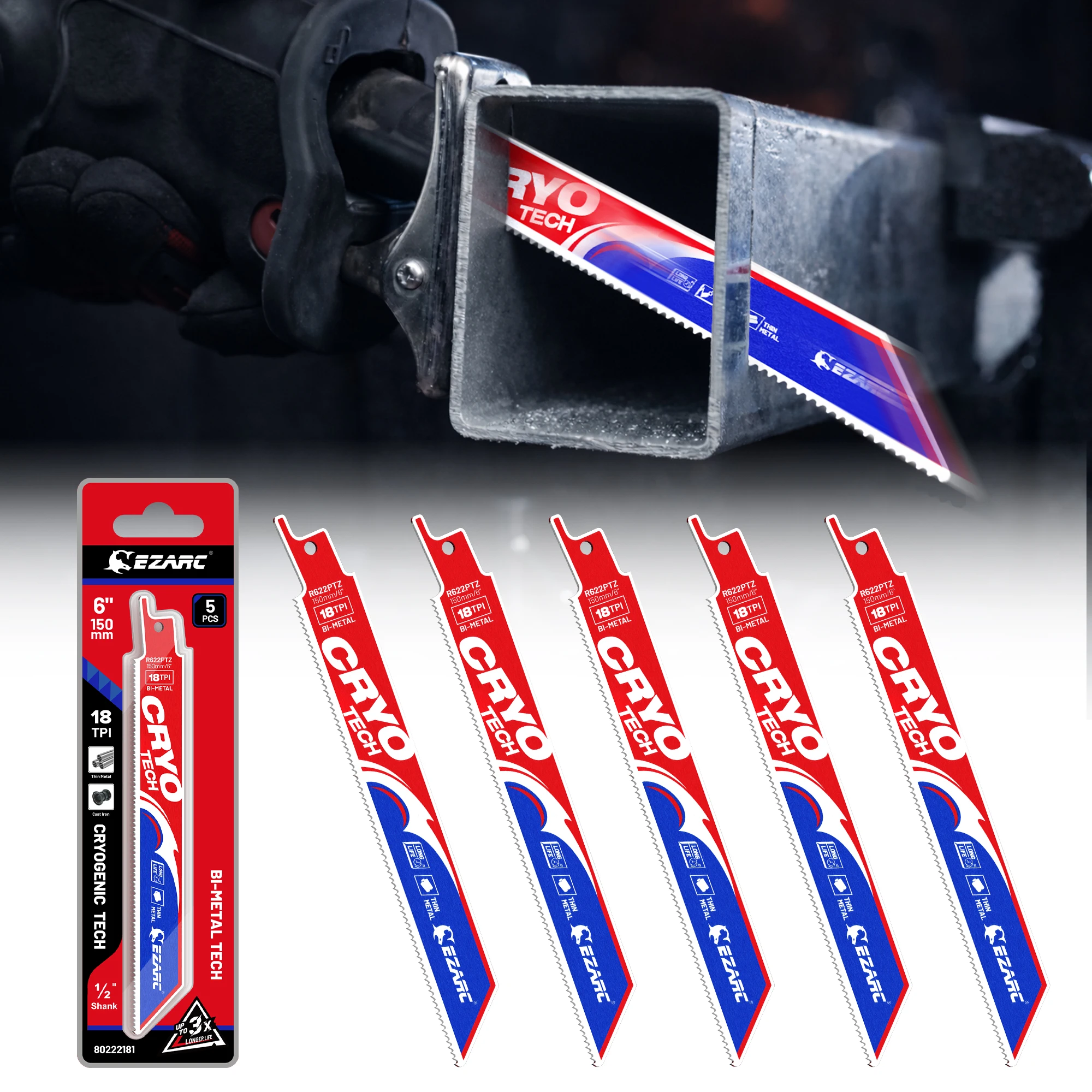 EZARC 5PC Cryo Tech Bi-Metal Reciprocating Saw Blades for Metalworking, 6-Inch/9-Inch 18TPI Cryo Tech Heat Treatment 8% Cobalt