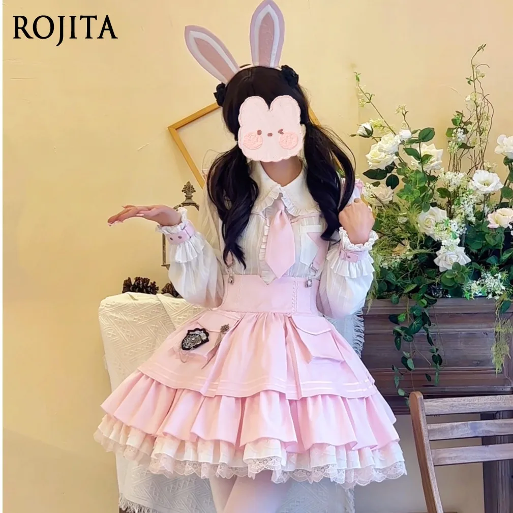 

Lace Doll Collar Long Sleeve Top Ruffle Sleeve Sweet Pink Strap Dress Lolita Sweet Set Girl's Pink 2-Piece Sets