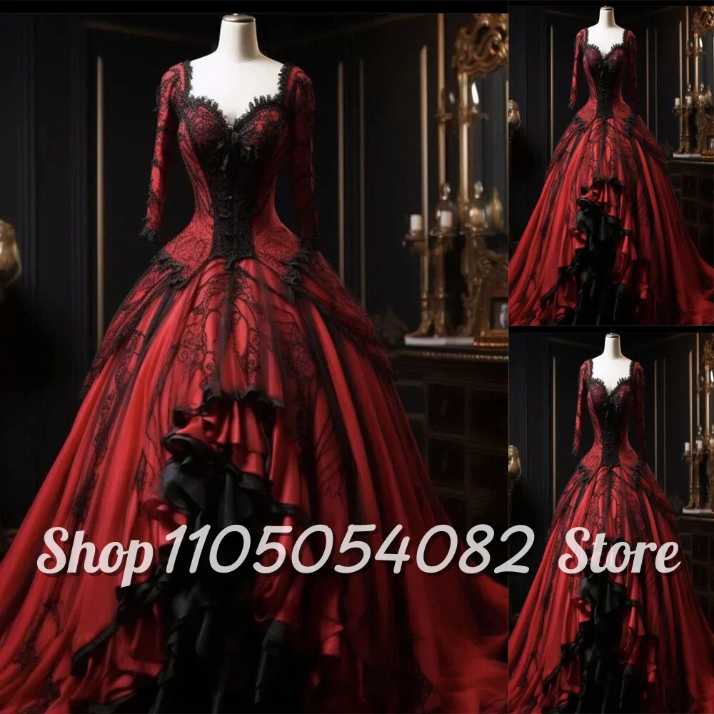 

Customized Luxurious Gothic Vintage Ball Gown Medieval V-Neck Long Sleeve Lace Appliqué A Corset Corset Asymmetric Evening Dress