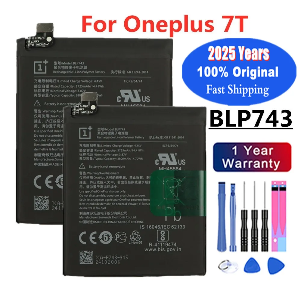 

2025 Years 1+ 100% Original Phone Battery For OnePlus 7T One Plus 7T BLP743 3800mAh High Quality Phone Batteries Bateria + Tools