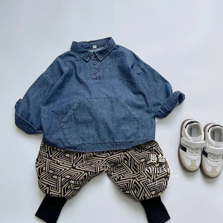 RAISE Frühling Herbst Koreanische Kinder Jungen Denim Hemd Pullover Solide Große Tasche Babys Jungen Hemd Westlichen stil Kleinkind Jungen tops – Detail 4
