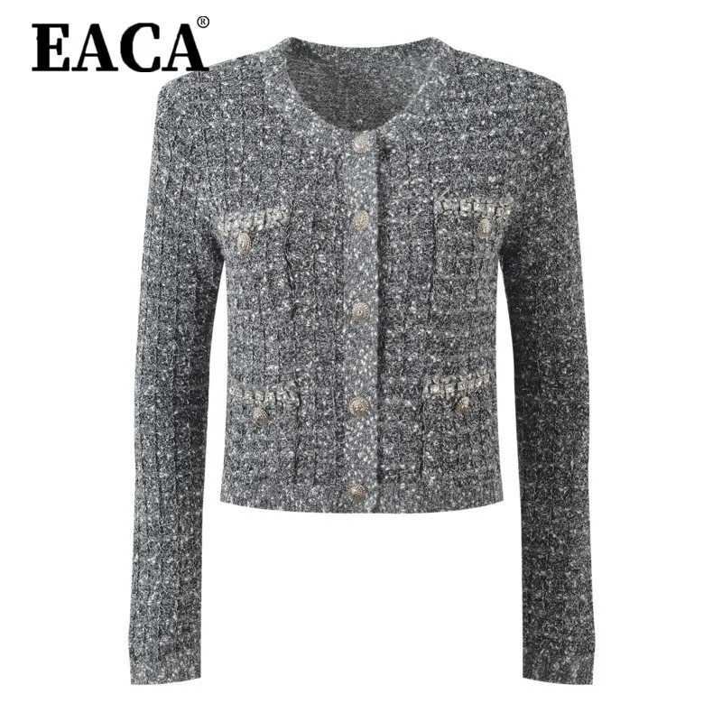 

EACA All-top, новинка весны 202, женский стиль, ювелирные изделия с небольшим ароматом и бриллиантами, серебряная пряжка, модный кардиган с четырьмя карманами и круглым вырезом