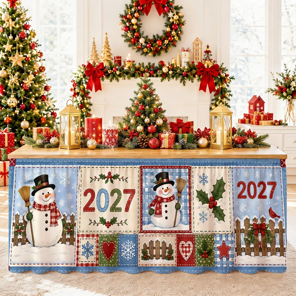 One table skirt. For Christmas 2027. Snowman, finch feathers, stars. Winter holiday decoration.
