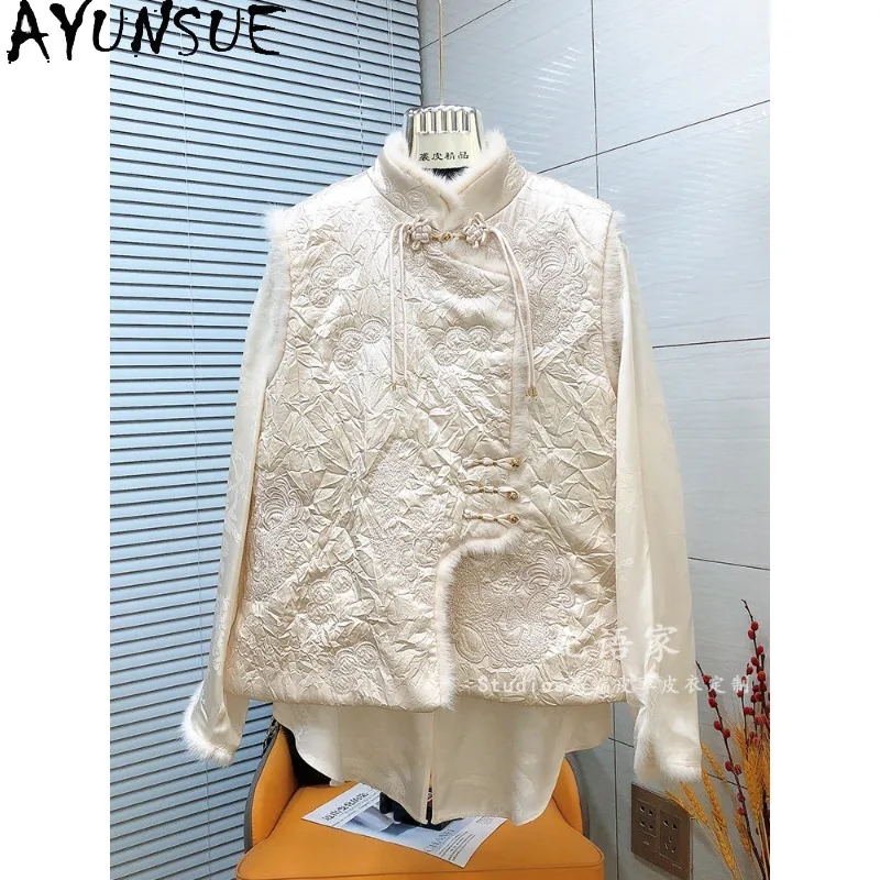 AYUNSUE Women's Autumn Mink Fur Vest Coat Pleated Embroidered Mink Fringed Collar Down Cotton Waistcoat Woman Clothes Ropa Mujer