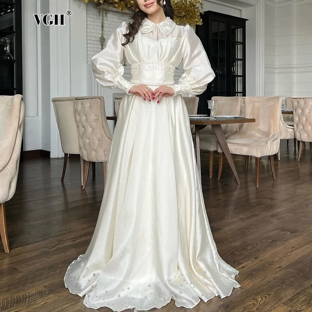 

VGH Luxury Spliced Diamonds Evening Maxi for Women Peter Pan Collar Lantern Sleeve High Wasit Tunic Folds Chic Dresses Female