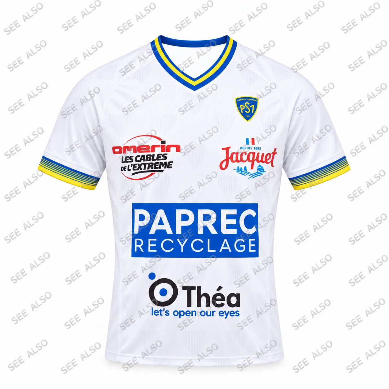 26/27 Herren Damen Kinder ASM Clermont Auvergne Auswärtstrikot Rugby Weiß Blau Gelb Besatz V-Ausschnitt Kurzarm Fan Sport Trainings-Top – Detail 3