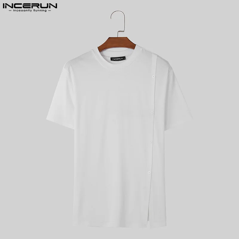 2024 Men T Shirt Solid Color O-neck Short Sleeve Button Casual Men Clothing Streetwear Summer Korean Leisure Tee Tops INCERUN