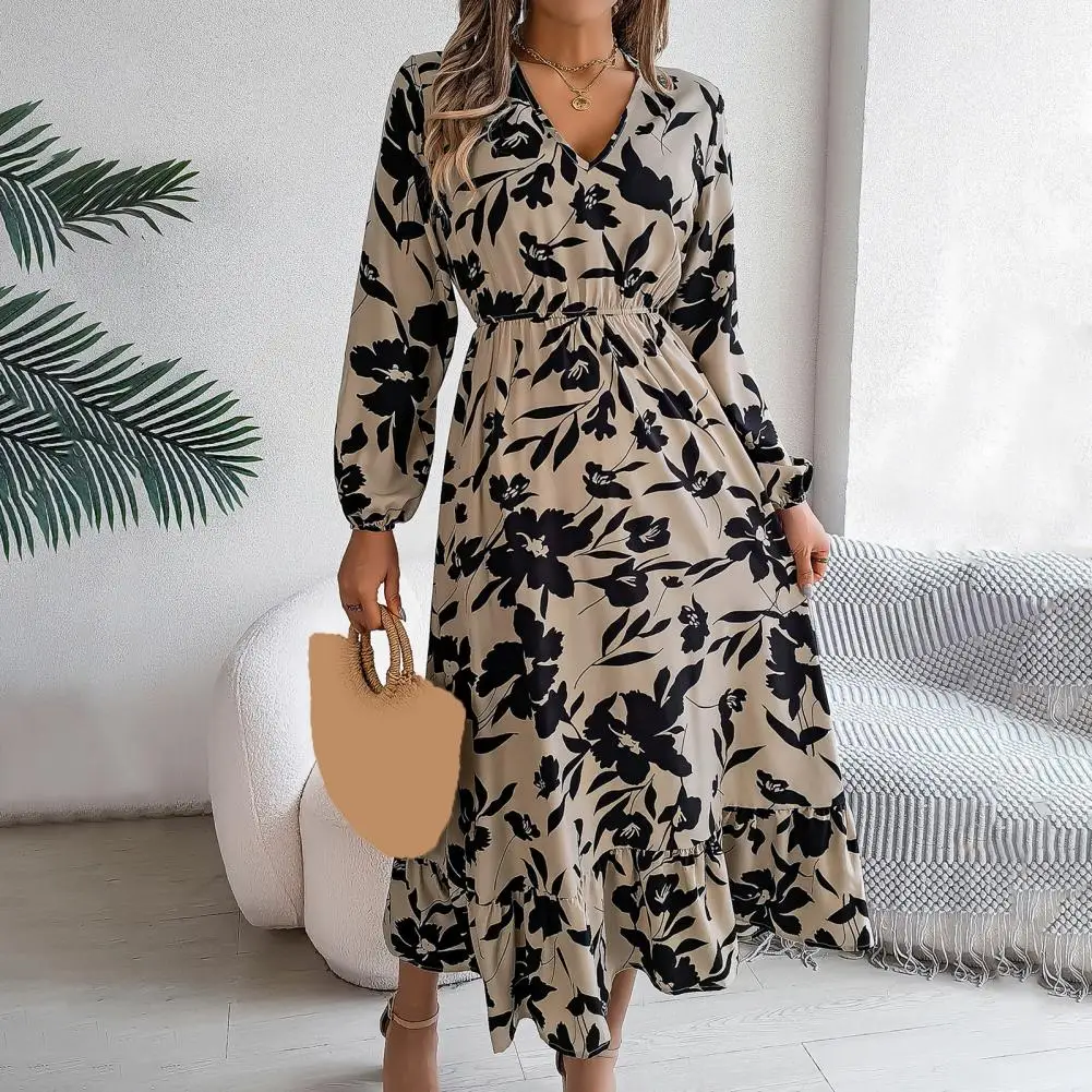 Tight Waist Dress Elegant Floral Print V Neck Midi Dress with Ruffle Hem Women's Spring Fall A-line Dress for Dating Shopping