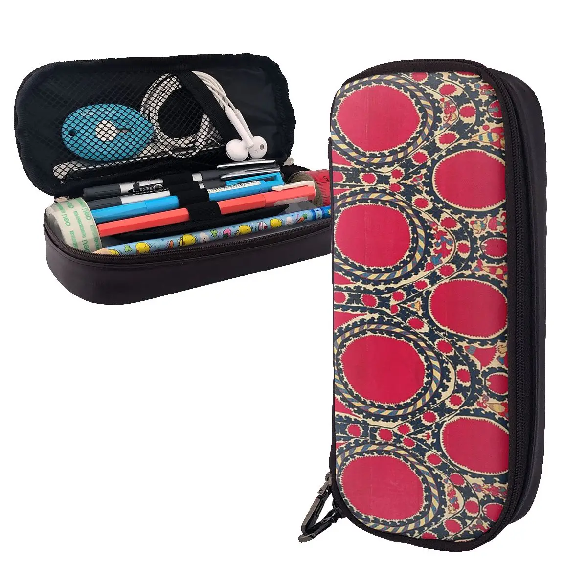 

Tashkent Uzbekistan Central Asian Suzani Embroidery Print Leather Pencil Case Pen Holder Big Capacity Pen Box Pencil Bag for Kid