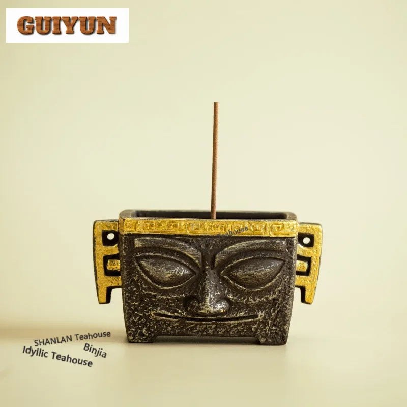Sanxingdui Mask Square Tripod Incense Holder Diffuser Incense Burners Consecrate Censer Chinese Tea Set Supplies Ornaments Craft