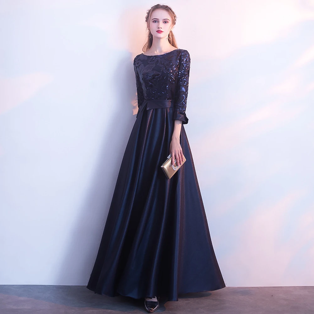 Long Sleeve Formal Sequined Prom Party Dresses Women Temperament O-neck Slim A-line Banquet Evening Gown Quinceanera Dress