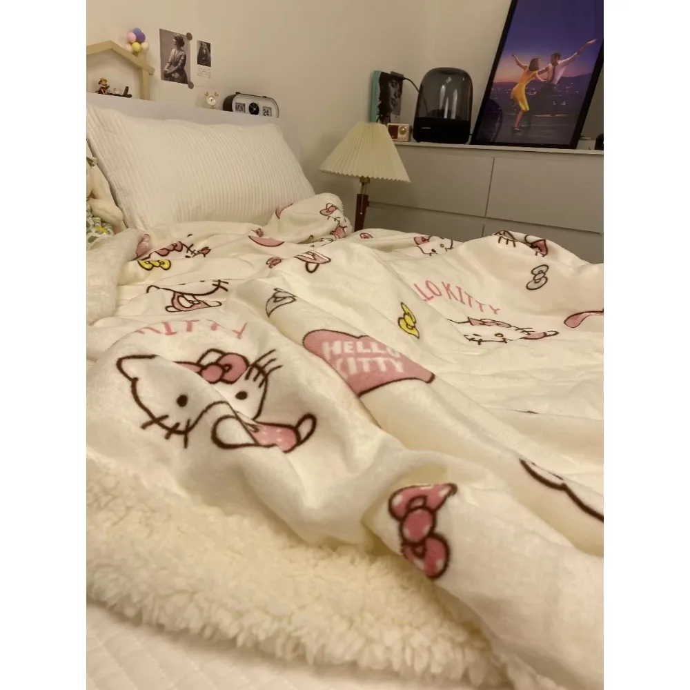 Winter Genuine Cute Hello Kitty Cat Lamb Plush Blanket Thickened Milk Coral Plush Blanket Sofa Cover Blanket Warm Gift in Winter