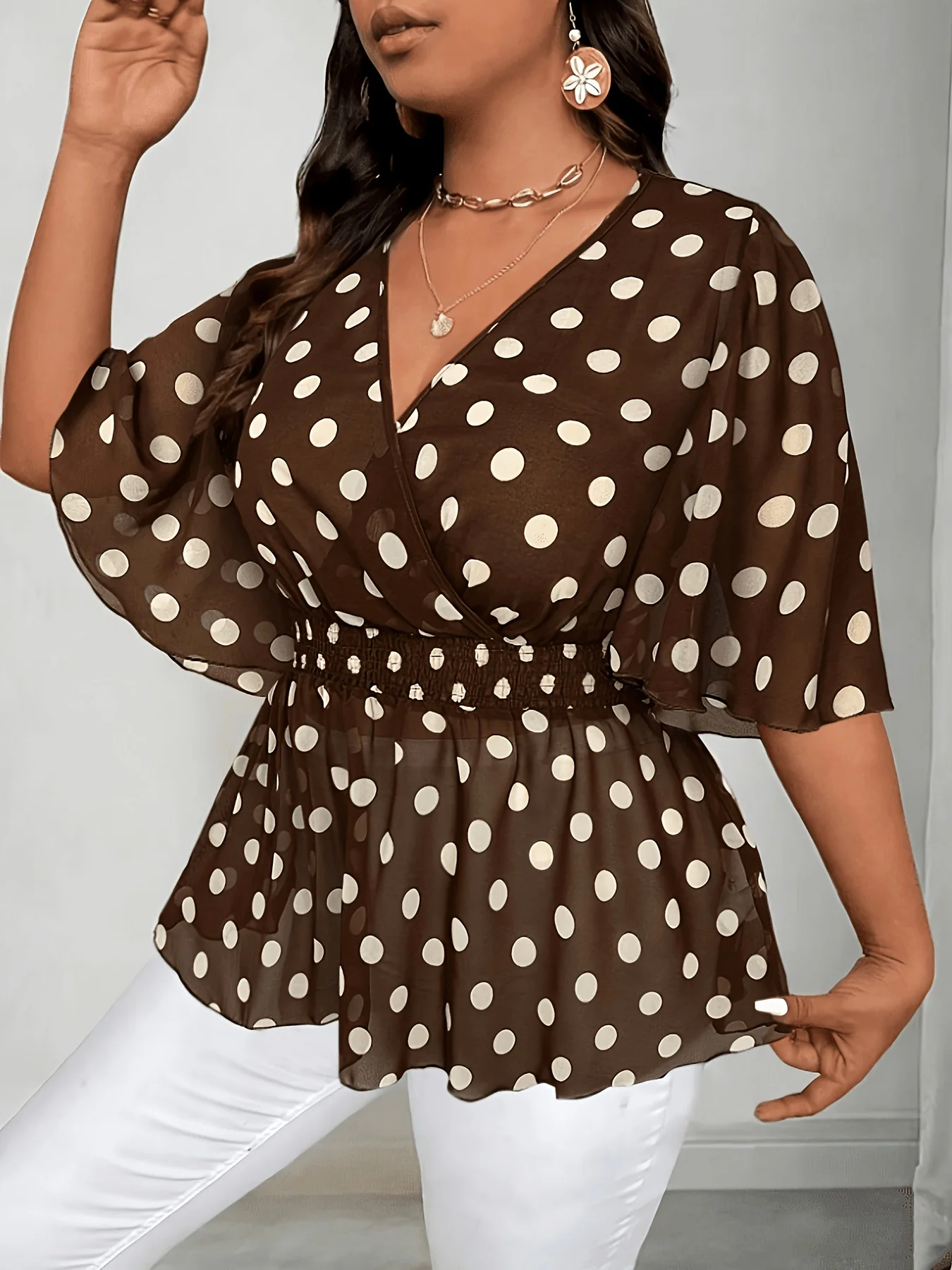 

Plus Size Women's Polka Dot V-Neck Wrap Waist Cinched Chiffon Blouse, Flare Sleeve Peplum Casual Top