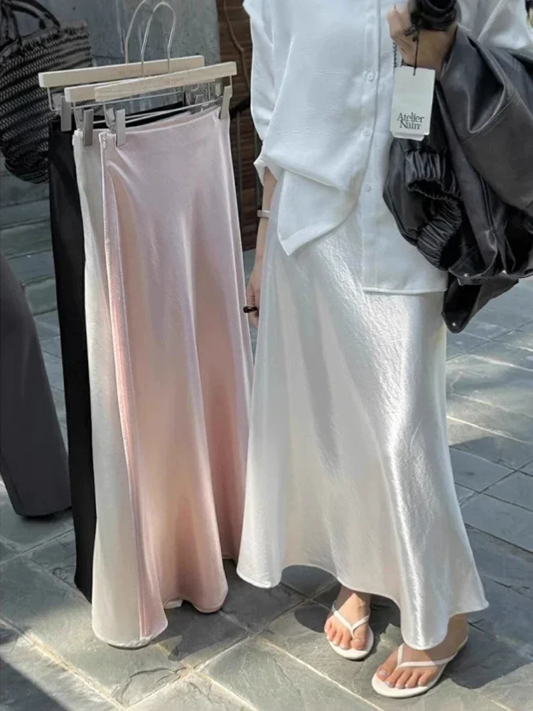 

Атласные юбки с высокой талией для женщин, корейская элегантная офисная женская юбка на бедрах, летняя модная вечерняя юбка-миди с рыбьим хвостом, новинка