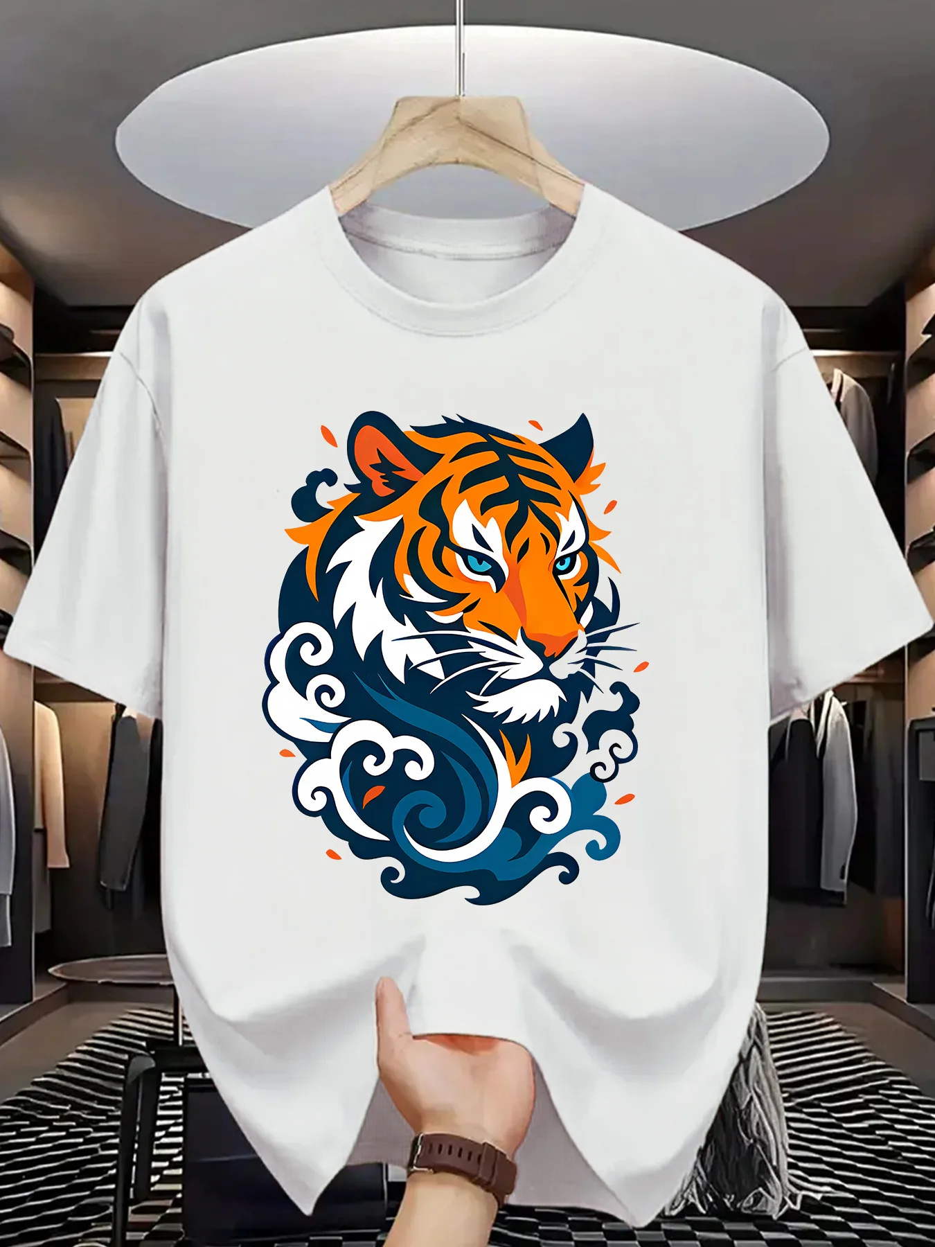 Chinese Style Tiger Mens Crew Neck T Shirt Traditional Cloud Wave Wild Animal Graphic Short Sleeve Tee Casual Male Street Tops