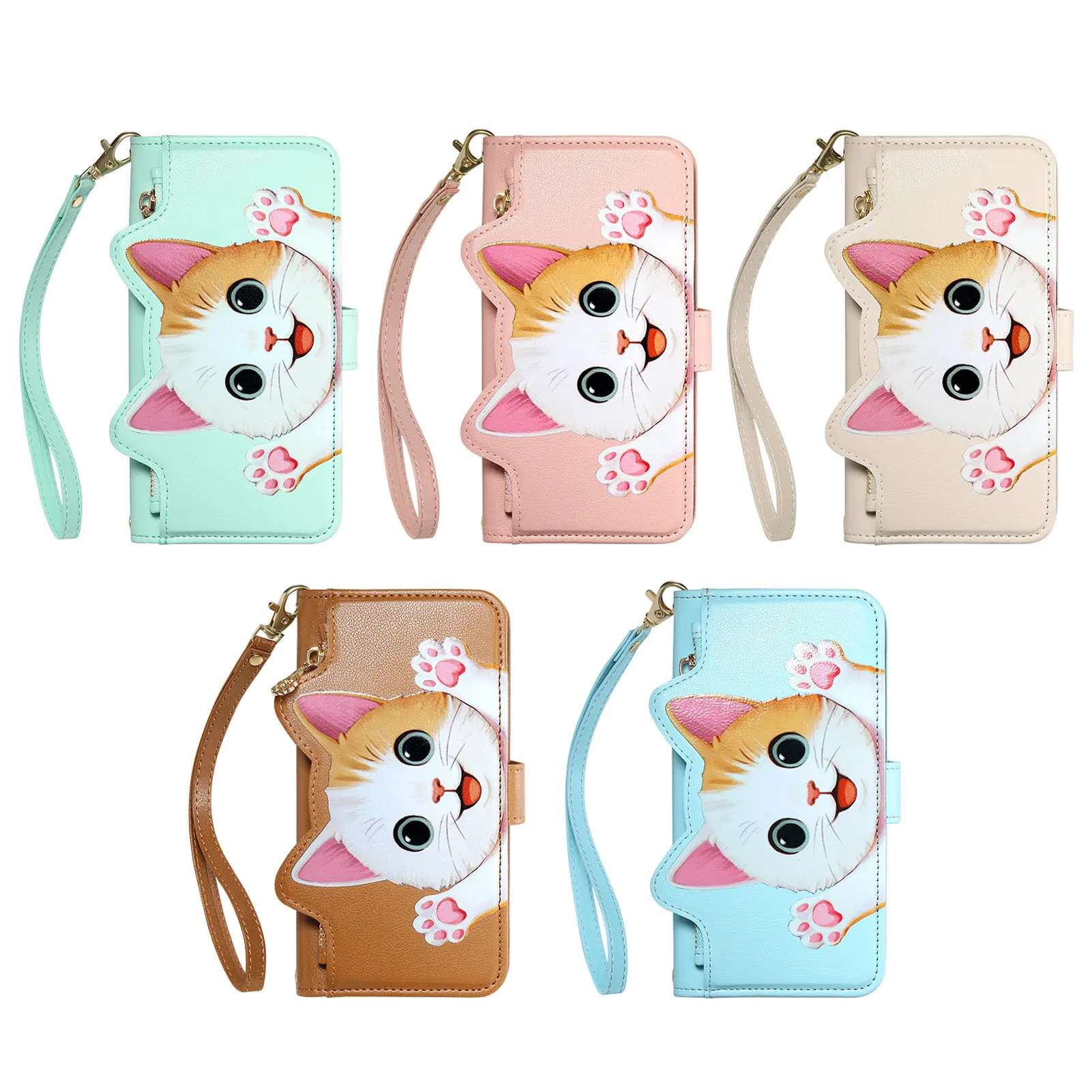 Multi 5 Cards Crossbody Wallet Case For Samsung Galaxy S23 Plus S22 Ultra S21 FE S20 Cute Cartoon Cat Leather Flip Cover