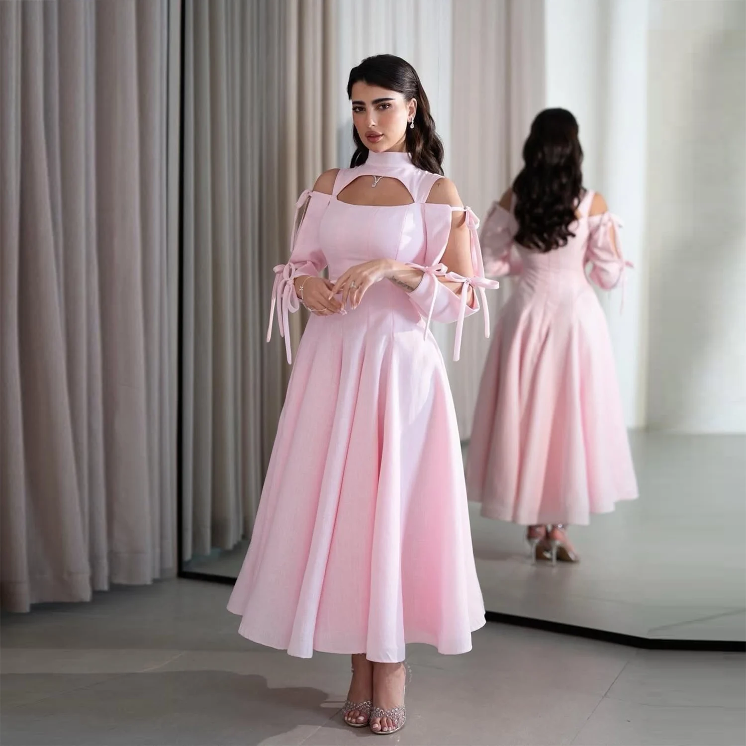 

Pink Satin High Neck Prom Dress Off The Shoulder Open Long Sleeves Ankle Length Evening Gowns Saudi Arabia Cocktail Party Dress