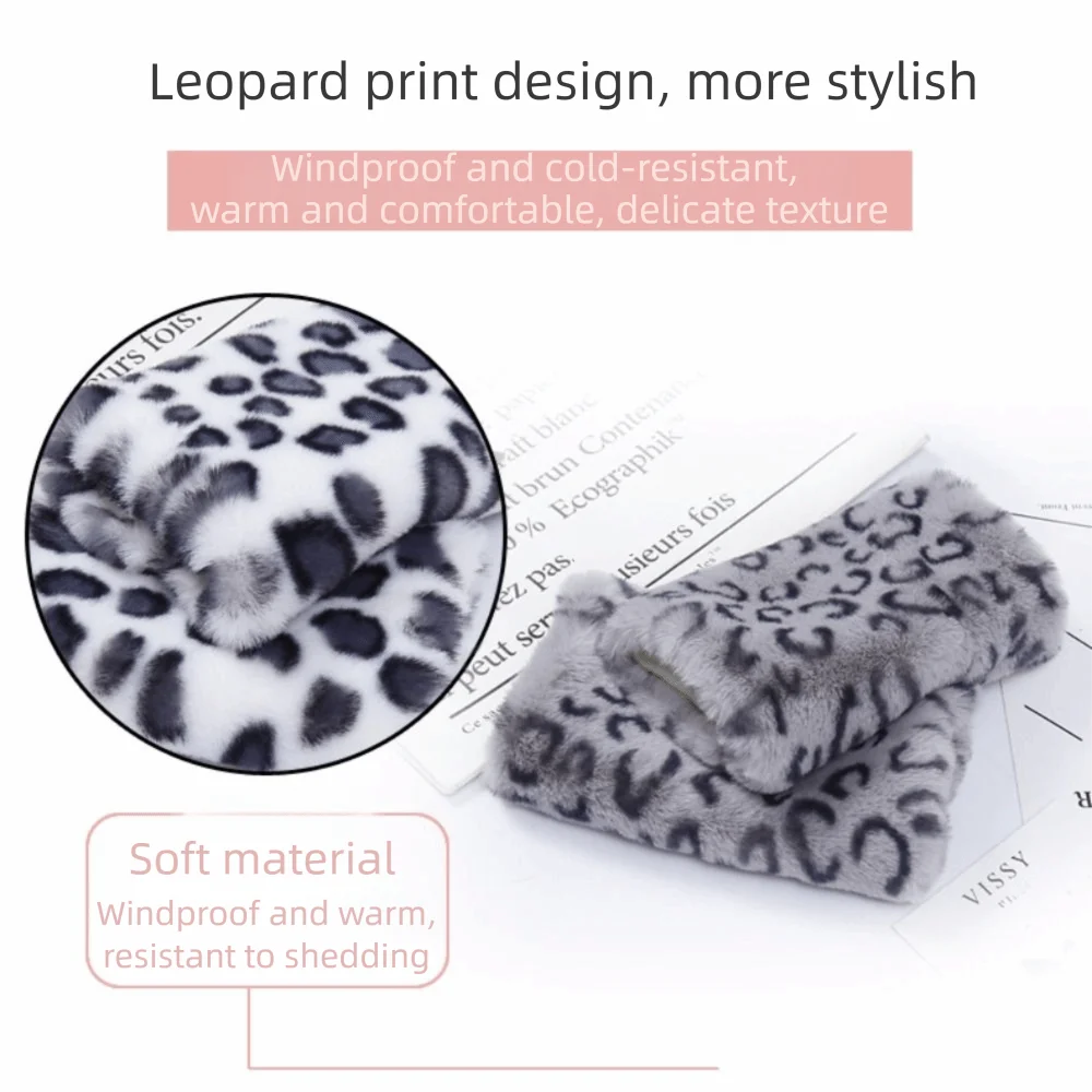 مادة لينة قفازات من الفرو الصناعي ليوبارد طباعة شاشة تعمل باللمس نصف اصبع قفازات فرو الأرنب الصناعي قفازات دافئة أنيقة ركوب الدراجات القيادة #5