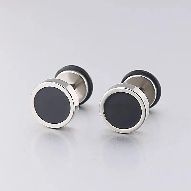 2pcs 16G Titanium Steel Men's Earings, Round Black Oil Drip Stud Earrings For Men Fashion Stainless Steel Punk Jewelry Gift image 4