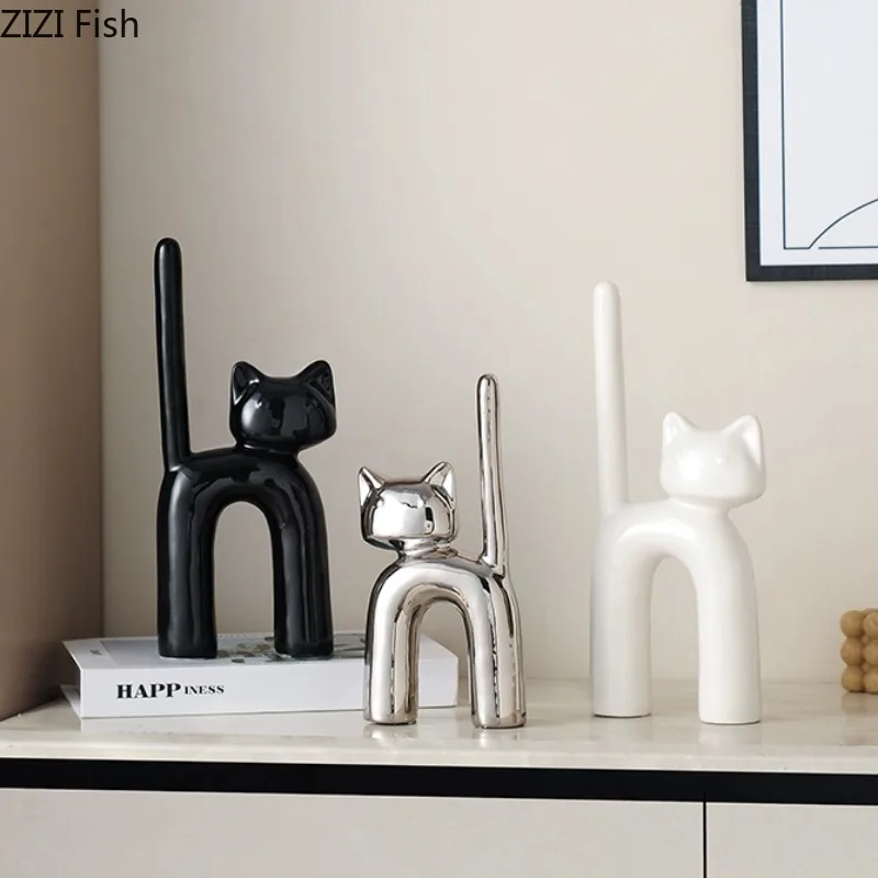 Cartoon Cat Statue Sculpture Ceramic Animal Ornaments Artistic Model Display Living Room Home Accessories Decoration Crafts