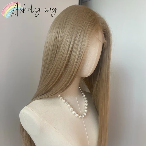 Ashely peluca rubia platino 26 pulgadas 13x4 peluca con malla frontal pelucas de encaje sintético largas y rectas fibras de alta temperatura para Cosplay