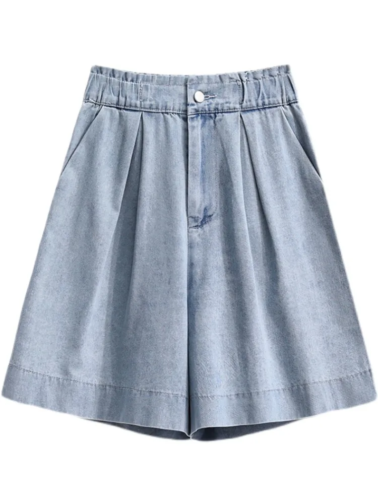 2023 Summer New Plus Size Denim Shorts Casual High Waist A-Line Loose Wide Leg Pants Simple Female Jeans Oversized Women Clothes