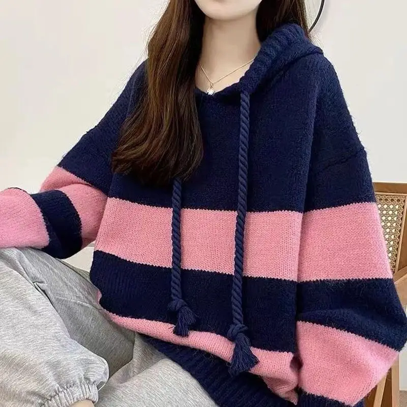 

Female Clothing Korean Striped Sweaters Casual Hooded Fashion Drawstring Autumn Winter Long Sleeve Commute Loose Knitted Jumpers