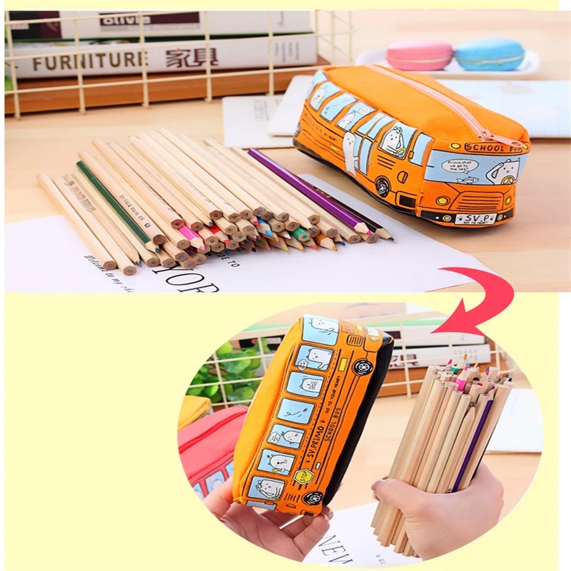 Cartoon Bus Pencil Bag Canvas Large Capacity  Knitting Needles Case Crochet Hooks Storage Bag Sewing Tool Pencil Case