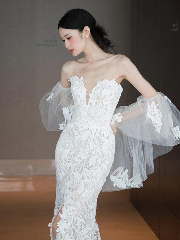 

Изысканное кружевное свадебное платье-русалка с роскошной отделкой, корейский стиль, приталенное, с завышенной талией, для молодых женщин