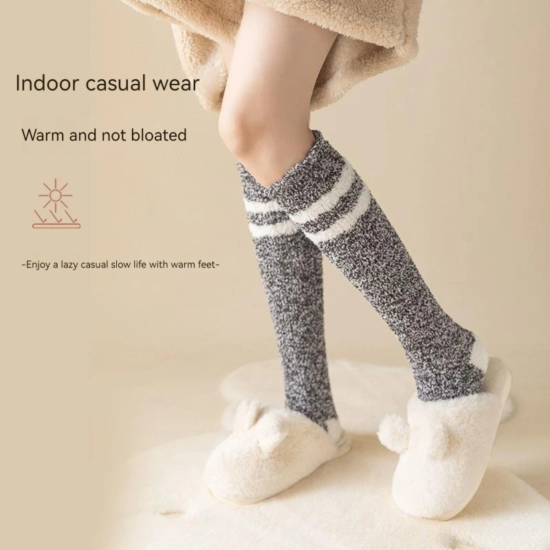 Falling Coral Velvet Floor Thermal Socks Women\'s Fried Dough  Thickened Plush Sleep Middle cylinderSocks In Winter Wool Socks