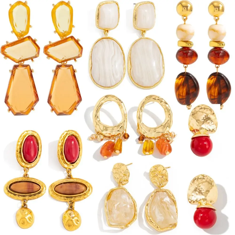 

Vintage Gemstones Resin Dangle Earrings Irregular Shape Resin Alloy Geometric Earrings Elegant Sweet Piercing Earrings