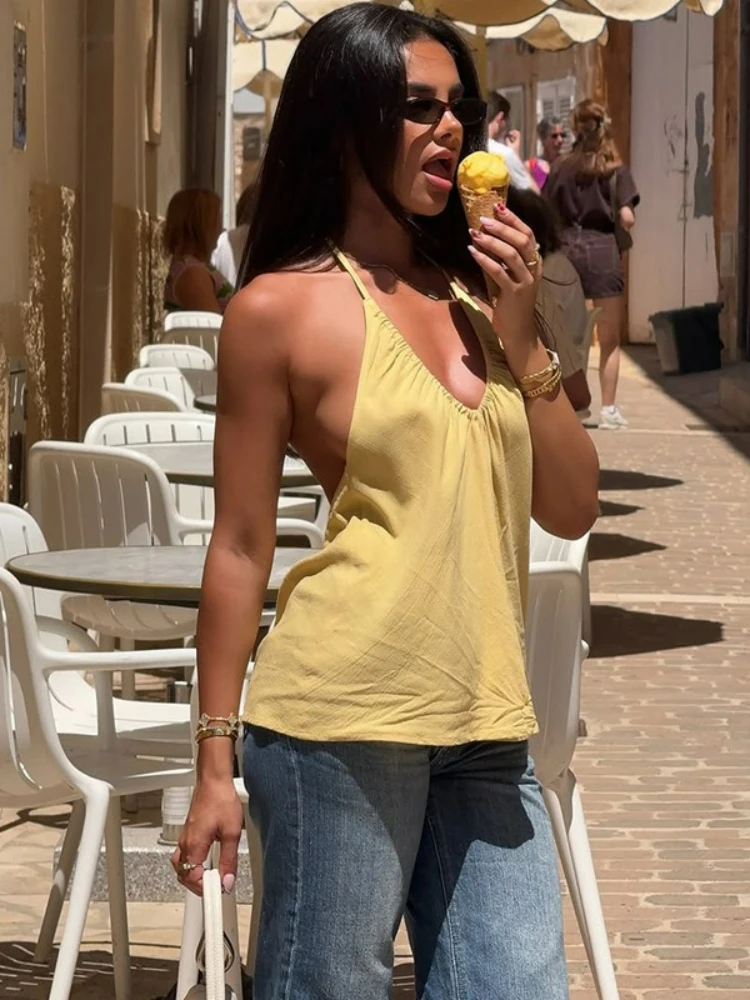 Casual Sexy Yellow Camisoles Women Halter Neck Lace-up Solid Tank Tops Female 2026 Summer Backless Loose T-shirt Y2K Streetwear
