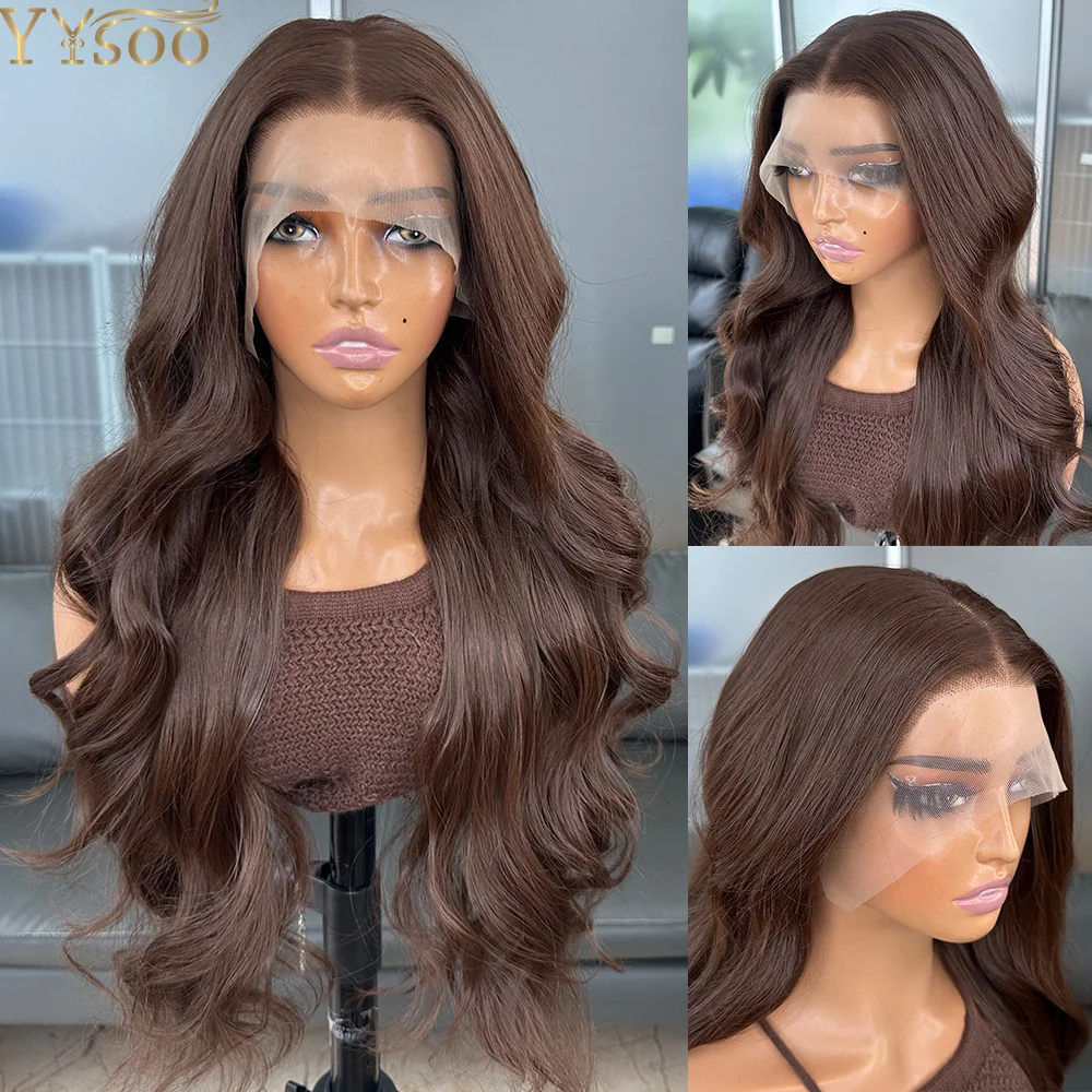 

4# Brown Long Heat Resistant Fiber Body Wave Wig Pre Plucked Hairline 13x6 Glueless Futura Synthetic Lace Front Wig Middle Part