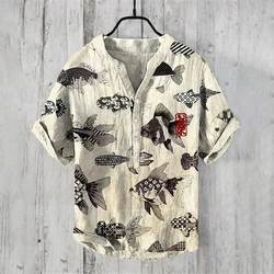 Men's short sleeve linen 100% casual street beach V-neck short sleeve shirt new Hawaiian shirt oversized size S-5XL fast shippin