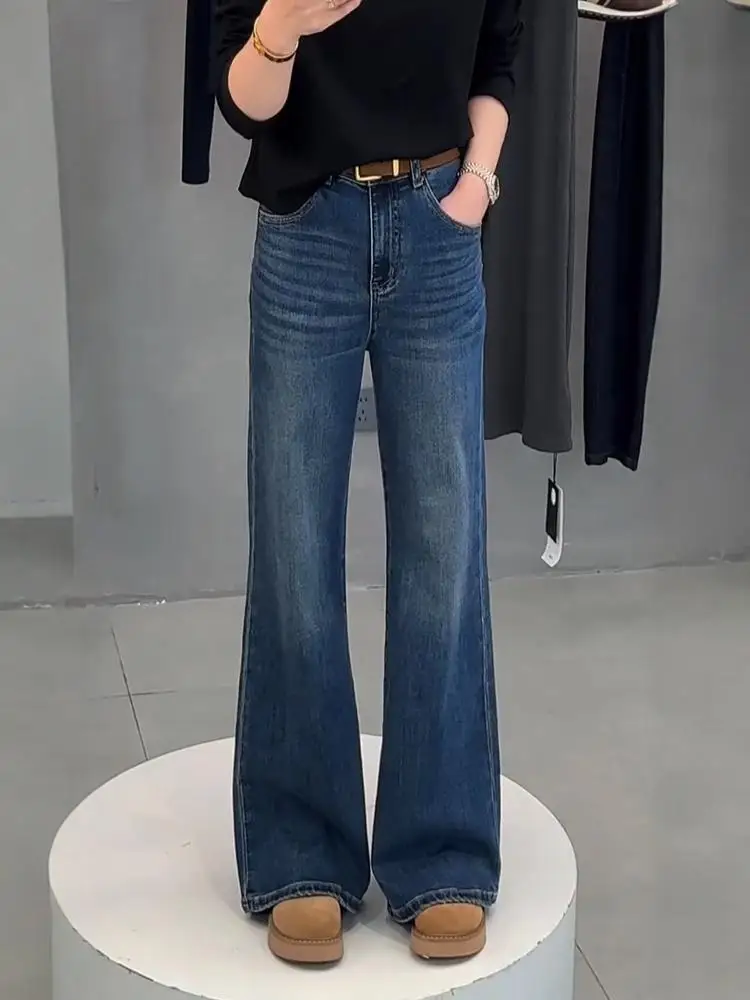 

Джинсы женские с высокой талией больших размеров, прямые, слегка расклешенные, из денима, утягивающие, широкие, в пол