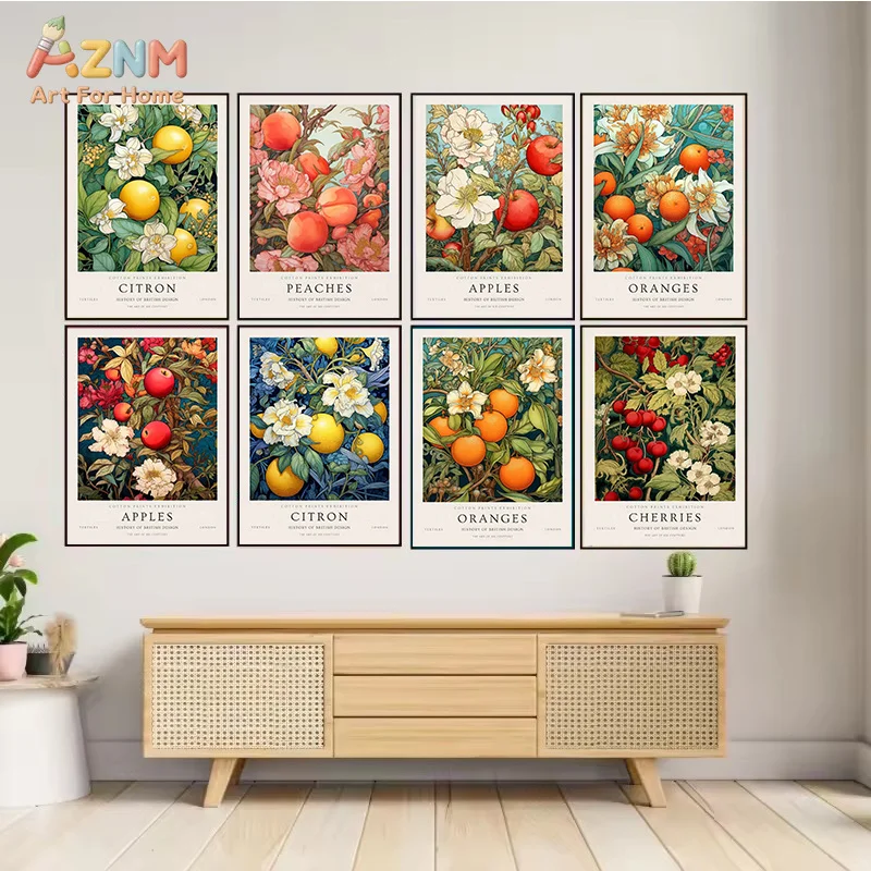 AZNM Vintage Botanical Fresh Fruit Floral Print Frameless Canvas Poster Retro Style Kitchen Dining Room Wall Art Decor