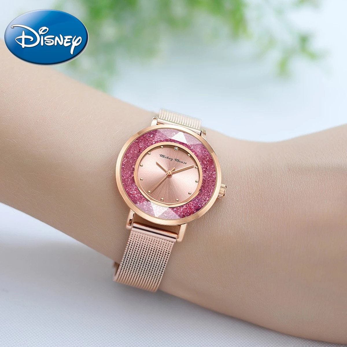 Disney Ladies Watch Flower Mirror Flurdy Character Girl Pink  Powder High -end Quartz Clock With Gift Box Relogio Masculio