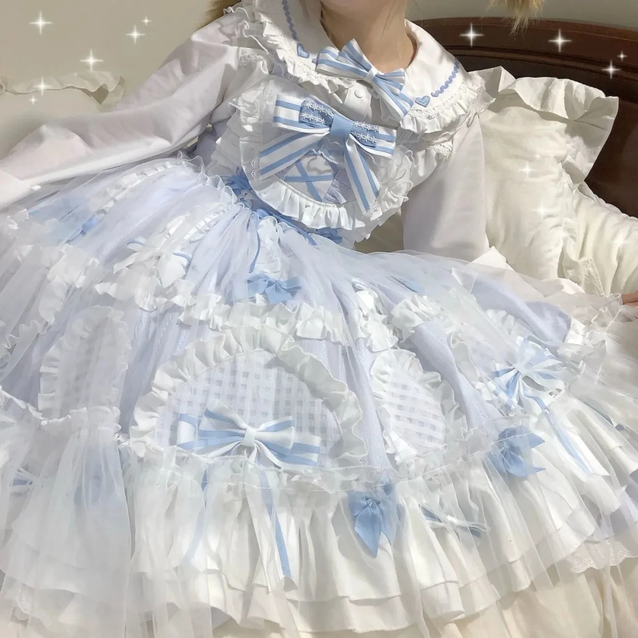 Japanischer Stil süßes Mädchen Cosplay Lolita Jsk Kawaii Anzug Top + Kleid süße Lolita Mesh Riemen Puppe Kragen Liebe Bogen kariertes Kleid